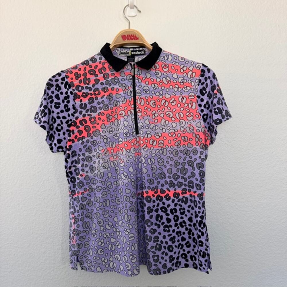 Jamie Sadock 1/4 Zip Polo Shirt Women Large Coral Purple Black Animal Print